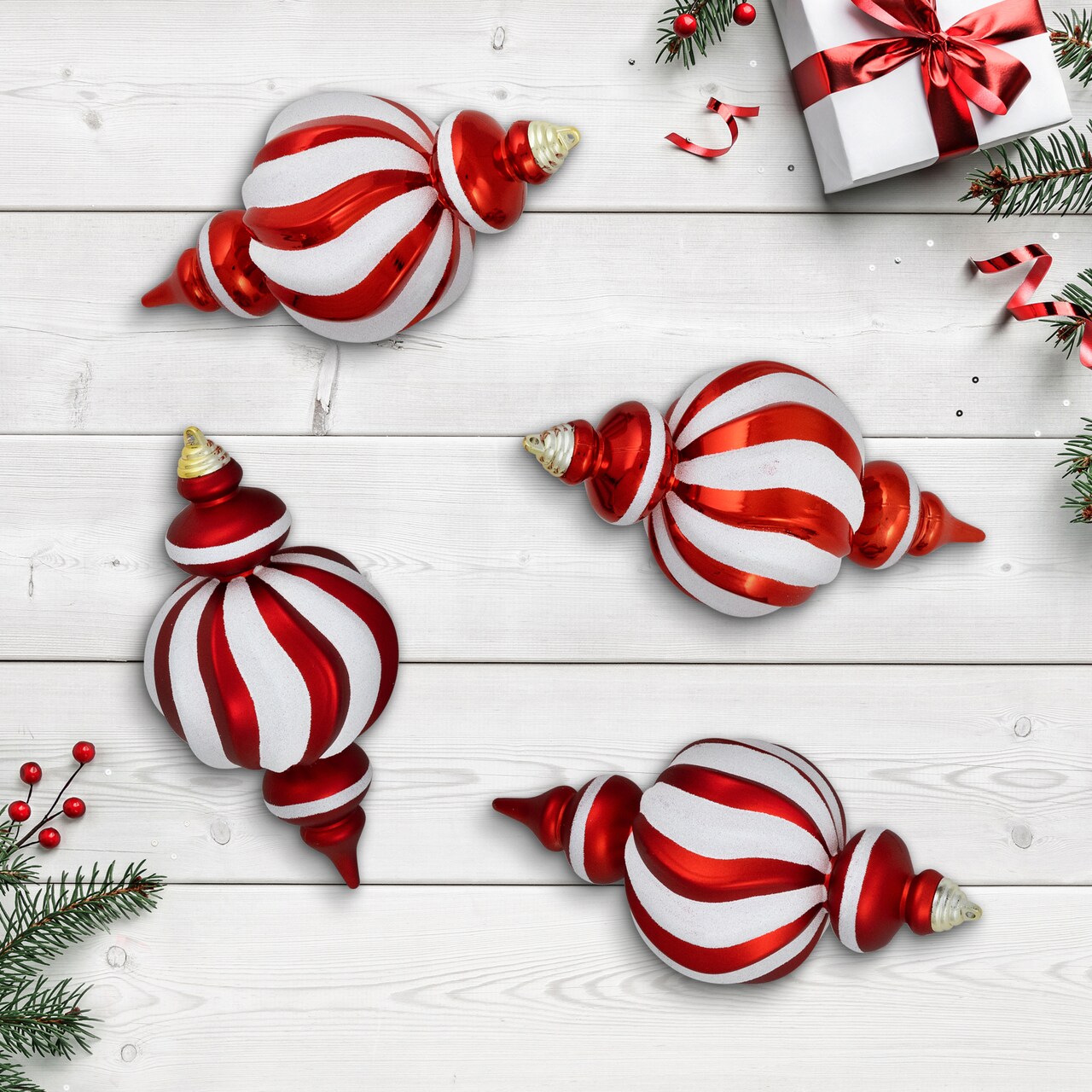 Northlight Shatterproof Commercial Size Finial Christmas Ornaments - 10" - Red and White - Set of 4